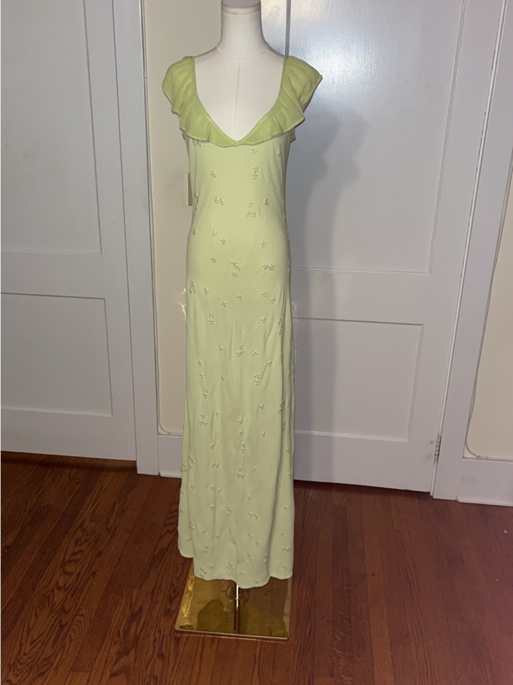 GHOST London Pistachio Romance—Floral Embroidered Ruffle Gown